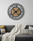 42" Black And Natural Iron And Wood Analog Round Wall Clock