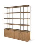 82" Antiqued Brass And Light Brown Distressed Metal and Solid Wood Three Tier Bookcase with Four Doors