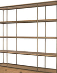 82" Antiqued Brass And Light Brown Distressed Metal and Solid Wood Three Tier Bookcase with Four Doors