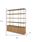 82" Antiqued Brass And Light Brown Distressed Metal and Solid Wood Three Tier Bookcase with Four Doors
