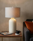 33" Cream Round Bedside Lamp With Drum Shade