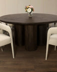 Seven Piece Dark Brown Round Solid Wood Dining Set with Six Chairs