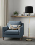 60" Antiqued Brass Metal Floor Lamp With Black Fabric Drum Shade