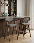 Set of Two 26" Gray And Walnut Fabric And Solid Wood Low Back Counter Height Bar Chairs