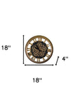 18" Antiqued Gold And Black Iron Silent Skeleton Exposed Gear Round Wall Clock