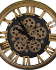 18" Antiqued Gold And Black Iron Silent Skeleton Exposed Gear Round Wall Clock