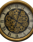 18" Antiqued Gold White And Black Iron Silent Skeleton Distressed Exposed Gear Round Wall Clock
