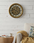 18" Antiqued Gold White And Black Iron Silent Skeleton Distressed Exposed Gear Round Wall Clock