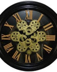13" Black Orange And Gold Iron Silent Skeleton Distressed Exposed Gear Round Wall Clock