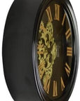 13" Black Orange And Gold Iron Silent Skeleton Distressed Exposed Gear Round Wall Clock