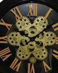 13" Black Orange And Gold Iron Silent Skeleton Distressed Exposed Gear Round Wall Clock