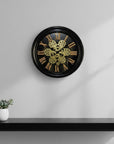 13" Black Orange And Gold Iron Silent Skeleton Distressed Exposed Gear Round Wall Clock