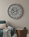 18" Silver And Black Iron Silent Skeleton Exposed Gear Round Wall Clock
