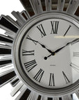 19" Silver And Clear Mirrored Glass And Heavy Duty Plastic Silent Analog Sunburst Wall Clock