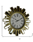 19" Gold And Clear Mirrored Glass And Heavy Duty Plastic Silent Analog Sunburst Wall Clock
