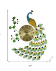 27" Gold Blue And Green Silent Analog Peacock Novelty Wall Clock