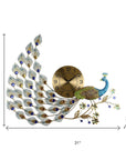 31" Gold Blue And Green Silent Analog Peacock Novelty Wall Clock
