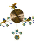24" Blue Green And Gold Metal Silent Pendulum Floral Wall Clock