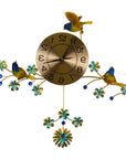24" Blue Green And Gold Metal Silent Pendulum Floral Wall Clock