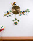 24" Blue Green And Gold Metal Silent Pendulum Floral Wall Clock