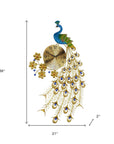 21" Blue Green And Gold Metal Silent Analog Peacock Novelty Wall Clock