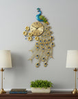 21" Blue Green And Gold Metal Silent Analog Peacock Novelty Wall Clock