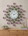 27" Purple Green And White Metal and Glass Silent Analog Floral Round Wall Clock