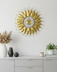 28" Gold And White Silent Analog Floral Sunburst Wall Clock