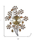 22" Copper Metal And Faux Crystal Silent Analog Gingko Floral Wall Clock