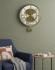 16" Gold And Silver Mirrored Glass And Resin Silent Pendulum Ornate Round Wall Clock