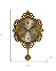17" Gold And Black Resin Silent Pendulum Ornate Round Wall Clock