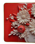 24" White Red And Black Solid Wood and Acrylic Silent Analog Floral Wall Clock