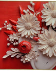 24" White Red And Black Solid Wood and Acrylic Silent Analog Floral Wall Clock