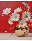 24" Gold Red And White Solid Wood and Acrylic Silent Daisies Floral Wall Clock