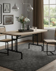64" Oak and Black Wood and Iron Trestle Base Dining Table