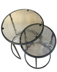 Set of Two Clear and Gunmetal Glass and Iron Round Frame Nested Tables