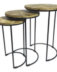 Set of Three Natural Natural and Black Solid Wood and Iron Round Frame Nested Tables