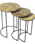 Set of Three Natural Natural and Black Solid Wood and Iron Round Frame Nested Tables