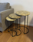 Set of Three Natural Natural and Black Solid Wood and Iron Round Frame Nested Tables