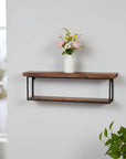 36" Set Of Two Black And Brown Wood And Metal Two Level Accent Shelf