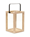 16" Clear And Natural Glass And Solid Wood Tabletop Lantern Candle Holder