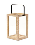 16" Clear And Natural Glass And Solid Wood Tabletop Lantern Candle Holder