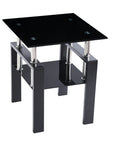 Black Glass and Metal Square End Tables With Shelf