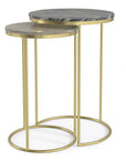 Set of Two Glossy Gray Stone and Gold Marble and Iron Round Nested Tables