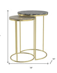 Set of Two Glossy Gray Stone and Gold Marble and Iron Round Nested Tables
