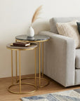 Set of Two Glossy Gray Stone and Gold Marble and Iron Round Nested Tables