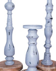 Set of Three Gray Distressed Wood Tabletop Pillar Candle Holders