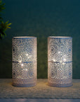 Set of Two 8" White Metal Pierced Geometric Battery Operated Lamps With Cylinder Shades