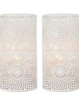 Set of Two 8" White Metal Pierced Geometric Battery Operated Lamps With Cylinder Shades