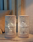 Set of Two 8" White Metal Pierced Geometric Battery Operated Lamps With Cylinder Shades